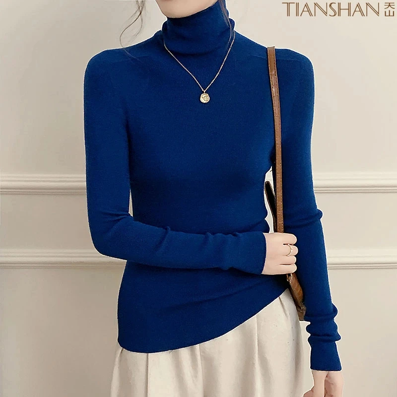 天山女式精纺纯羊毛一线成衣堆领秋冬季修身内搭显瘦长袖针织衫