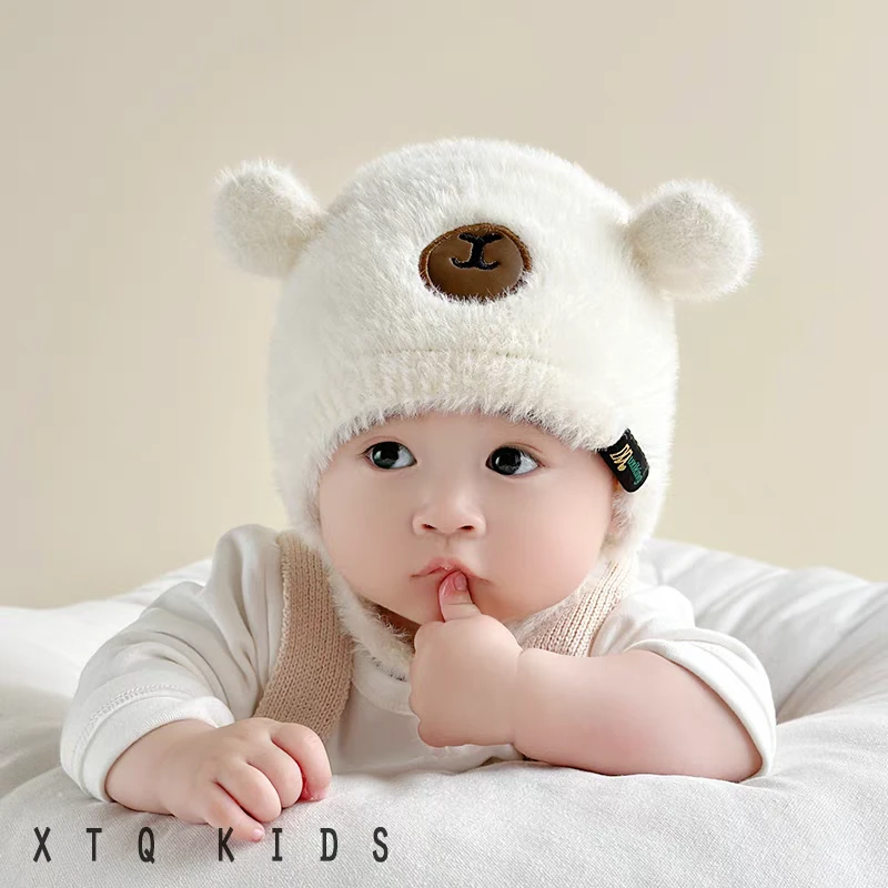 宝宝帽子秋冬毛线帽可爱韩版小熊毛绒护耳帽婴幼儿加厚保暖系带帽