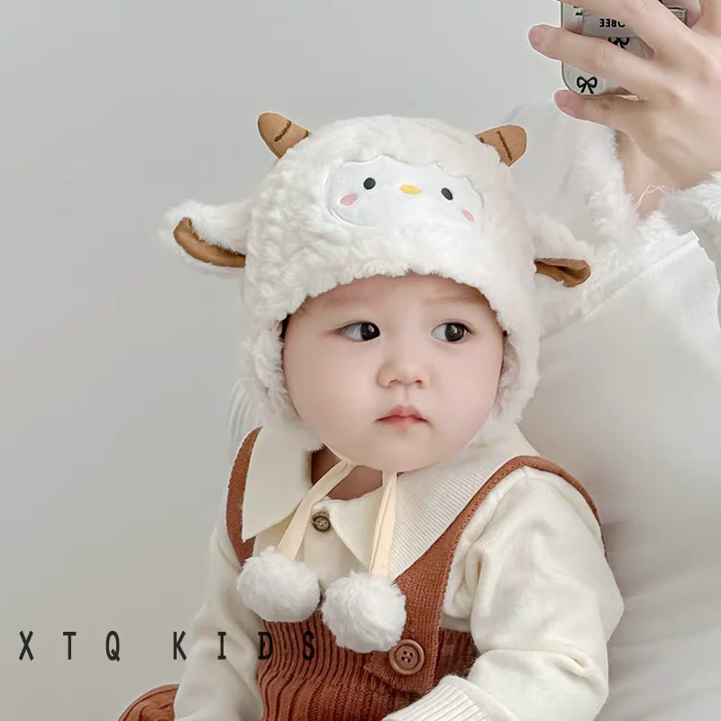 超萌小羊~婴幼儿护耳帽子冬季保暖毛绒帽男女宝宝套头帽小月龄潮