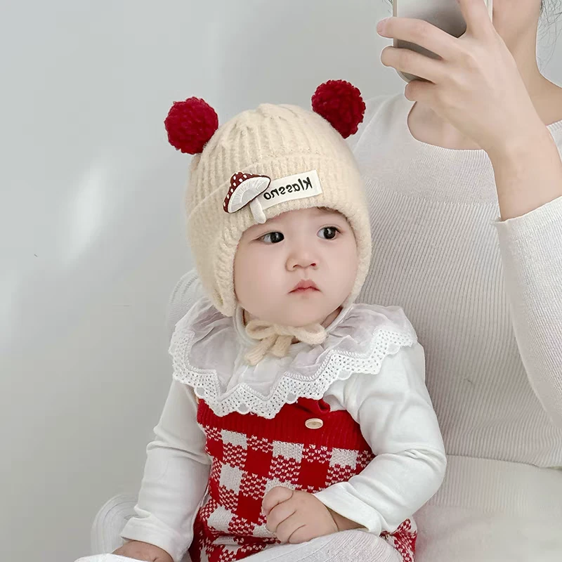 婴儿帽子秋冬季保暖加厚针织公主毛绒帽女宝宝可爱甜美蘑菇护耳帽