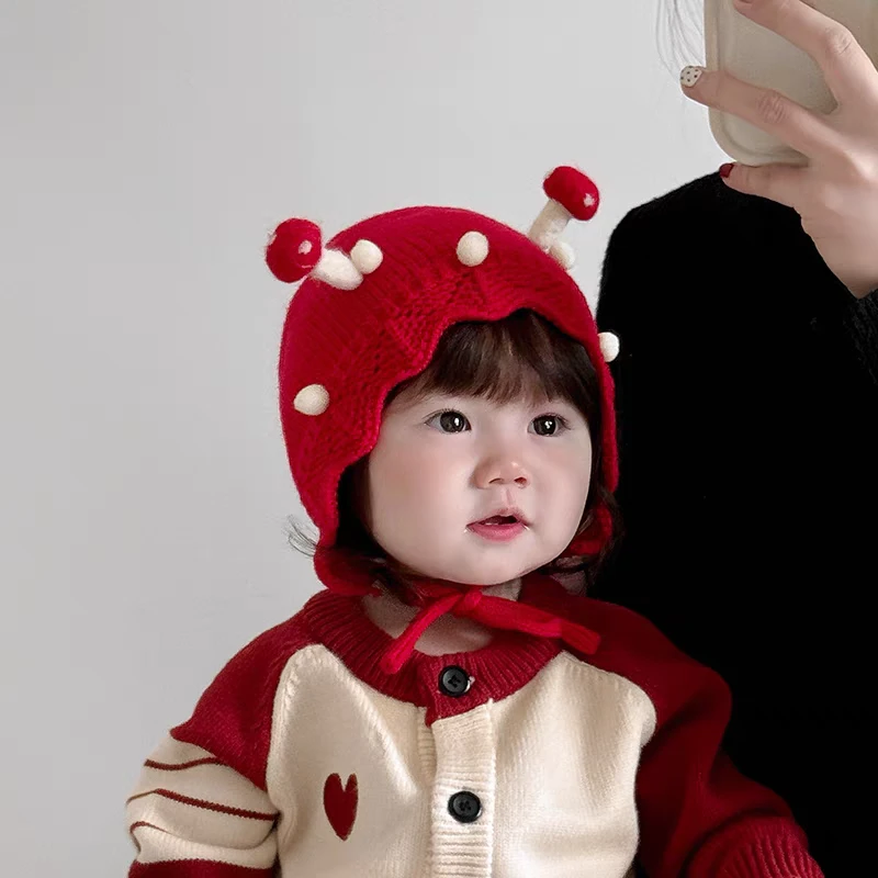婴儿帽子冬天毛线帽可爱喜庆红色新年帽过年帽宝宝针织护耳帽保暖