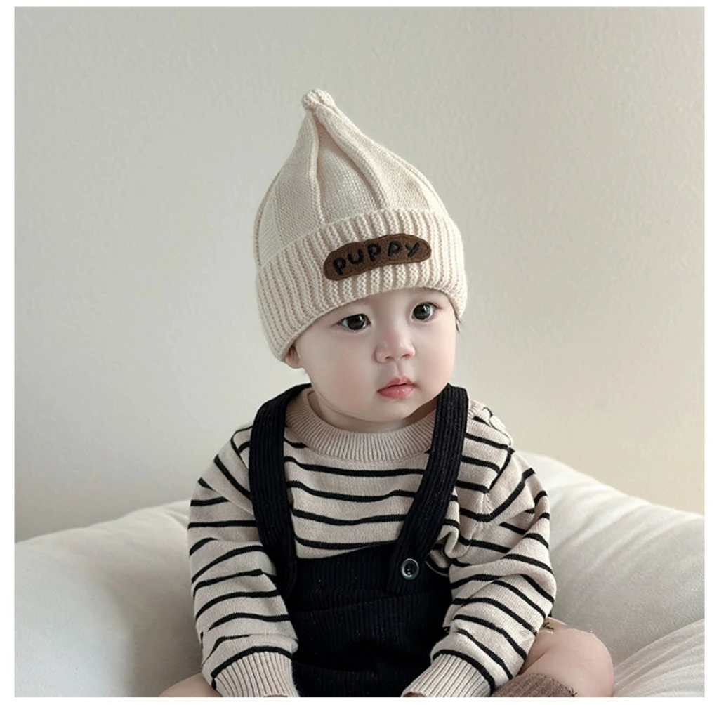 婴儿帽子秋冬款韩版简约字母针织奶嘴帽男女宝宝小月龄保暖毛线帽