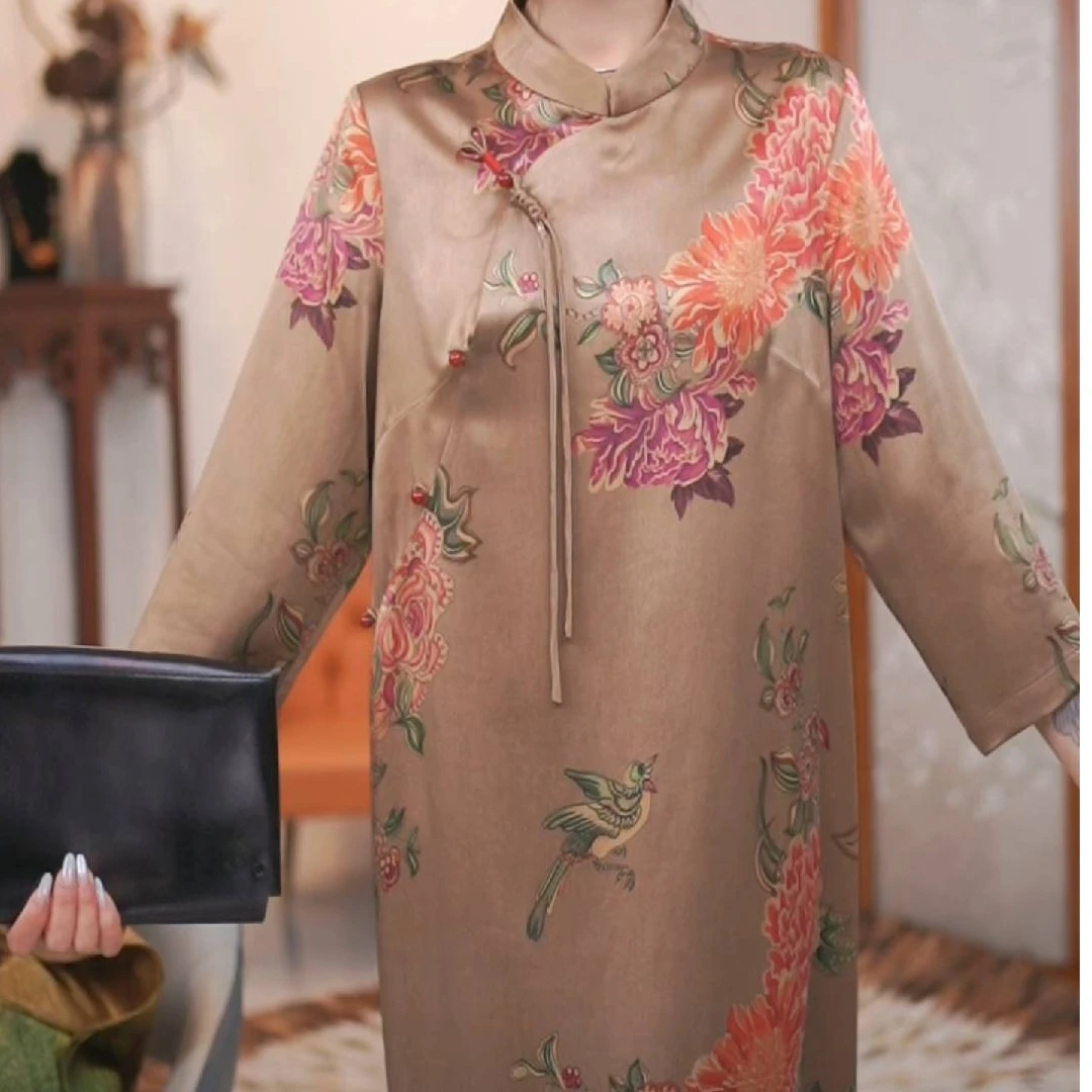 【安诺】香云纱重磅长款宽松气质复古国风提花休闲长裙连衣裙50姆米