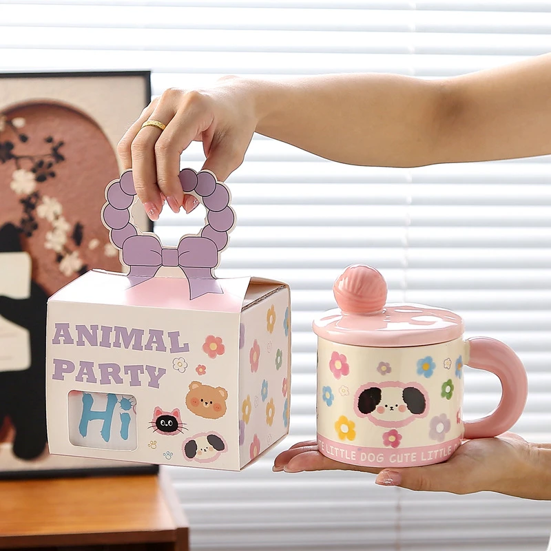 猫咪马克杯带盖陶瓷杯子咖啡杯生日礼物小狗小熊高颜值办公室水杯