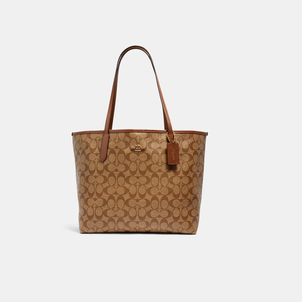 COACH/蔻驰City系列卡其色经典老花深棕色肩带大号托特包