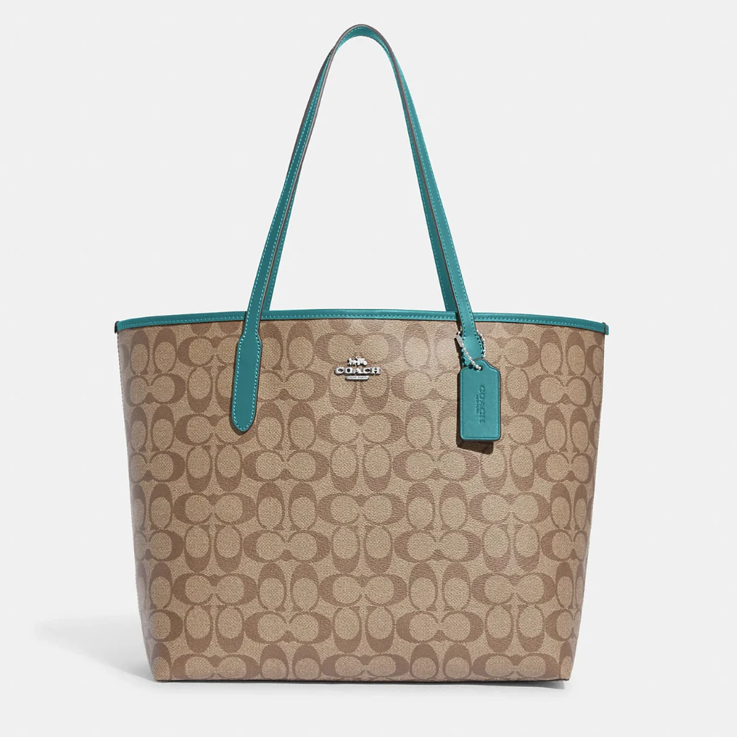 COACH/蔻驰City系列卡其色经典老花时尚轻奢青绿色肩带大号托特包