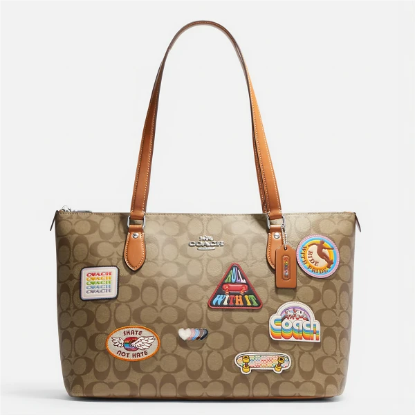 COACH/蔻驰Gallery Tote系列经典老花卡其色徽章潮流手提托特包