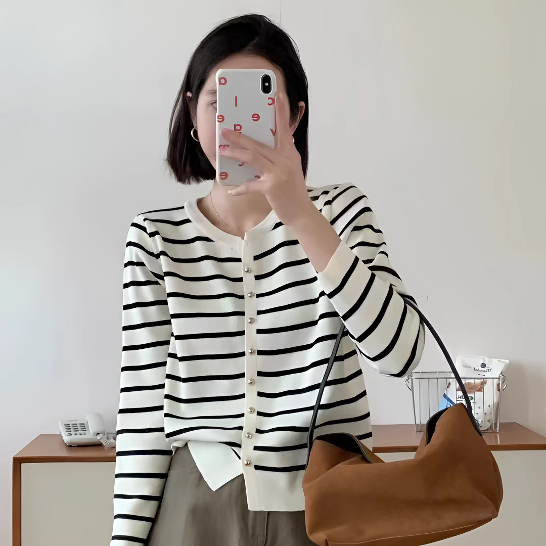 A11早秋薄款法式小香风条纹针织开衫外套外搭冰丝上衣长袖外套