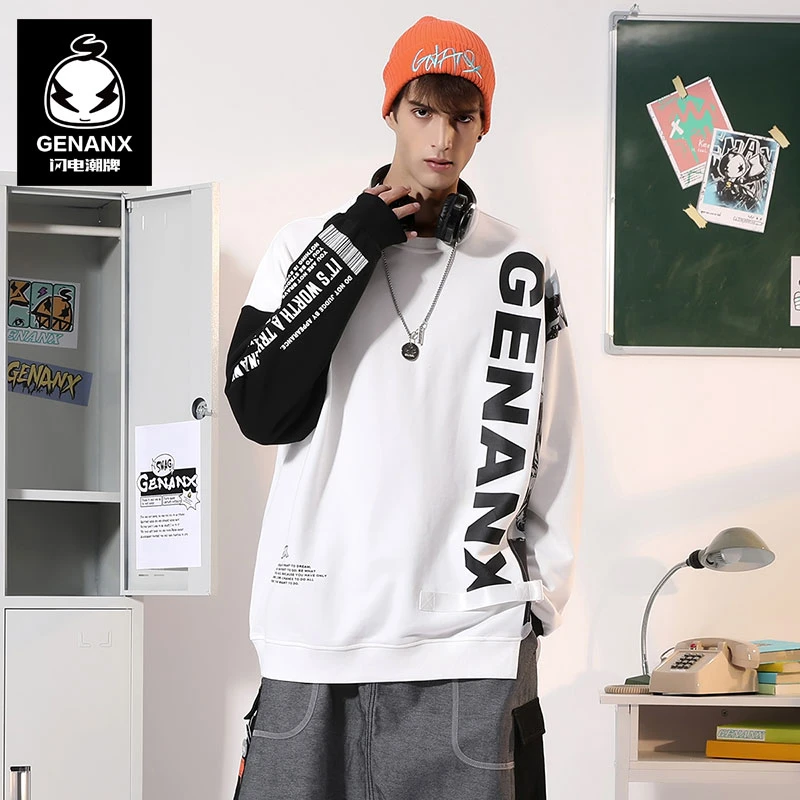 GENANX/闪电潮牌休闲白色不规则套头拼色涂鸦圆领秋季男上衣W737