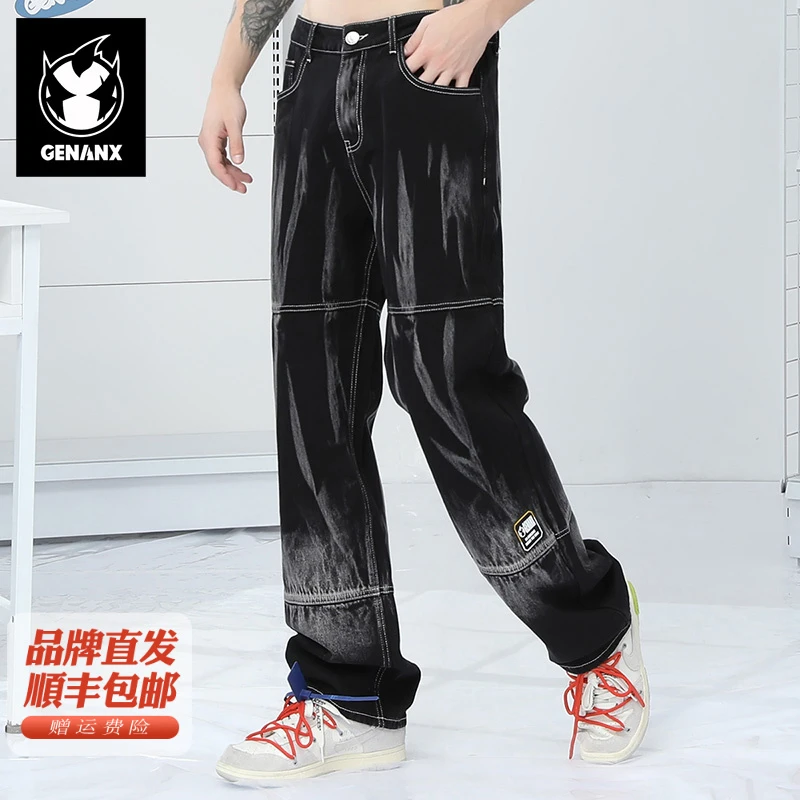 GENANX闪电潮牌复古风火焰扎染闪美式嘻哈明辑线直筒牛仔裤P419
