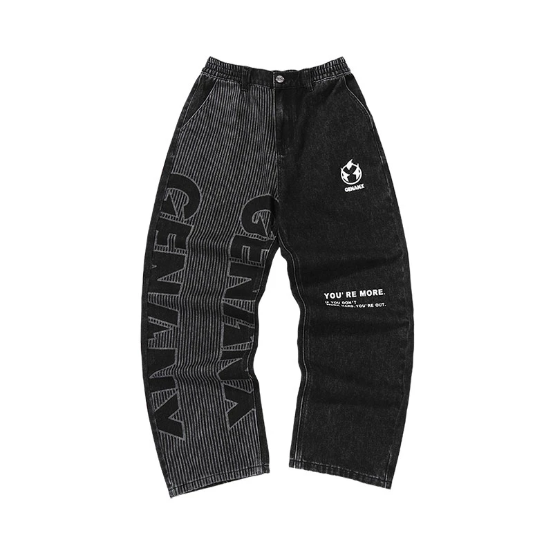 GENANX闪电潮牌不对称黑灰撞色字母条纹印花宽松直筒牛仔裤 P401