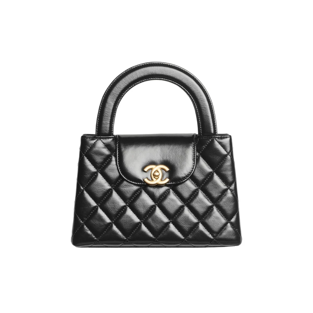 未使用 Chanel/香奈儿 24P Kelly 黑金 亮面小牛皮单肩斜挎包