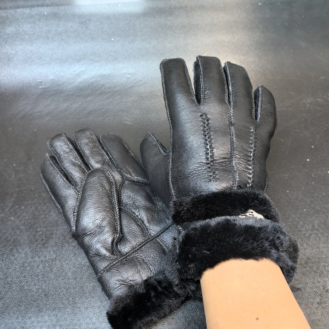 老俄防风原毛加厚户外黑色保暖手套冬季加绒真皮皮毛一体分指防寒