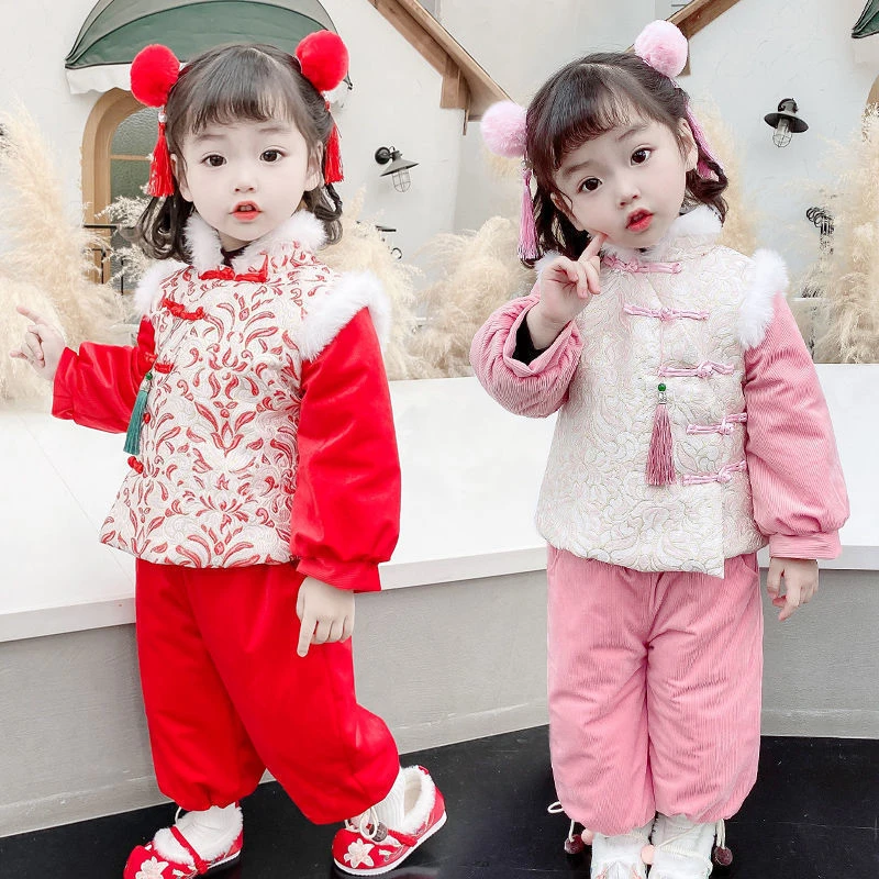 女童拜年服冬季洋气小童中国风唐装加绒加厚女宝宝新年装喜庆套装