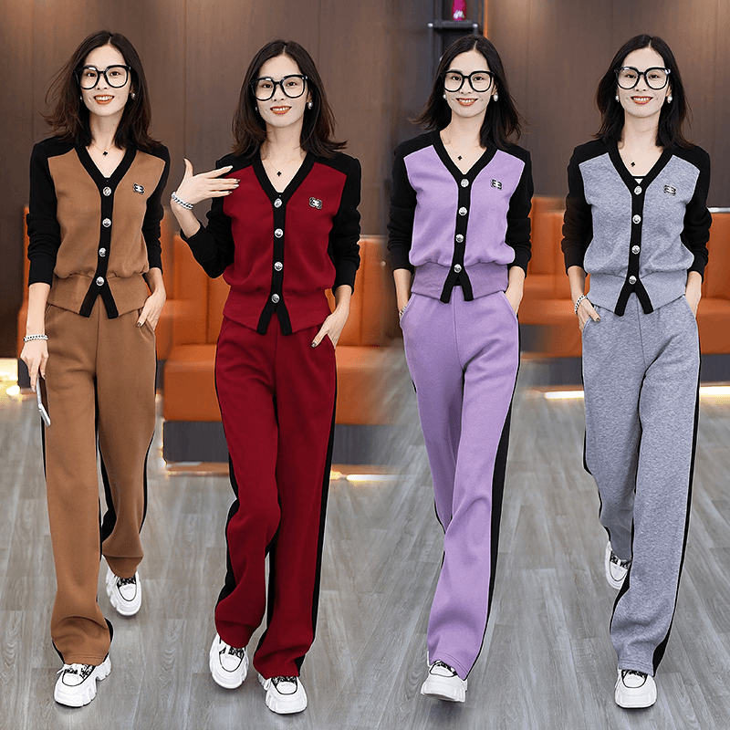 【夏琪啦】秋冬时尚套装女2023高级感加绒加厚V领休闲两件套7801