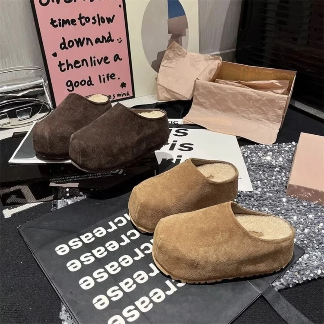 【TT】厚底勃肯鞋半托女秋冬加绒2024新款一脚蹬包头半拖鞋博肯棉拖