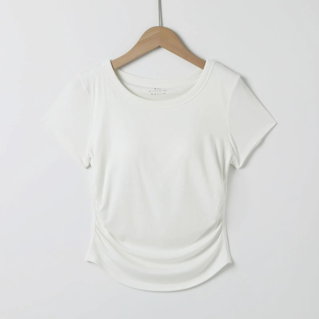 夏款胸垫一体显瘦百搭抽褶T恤