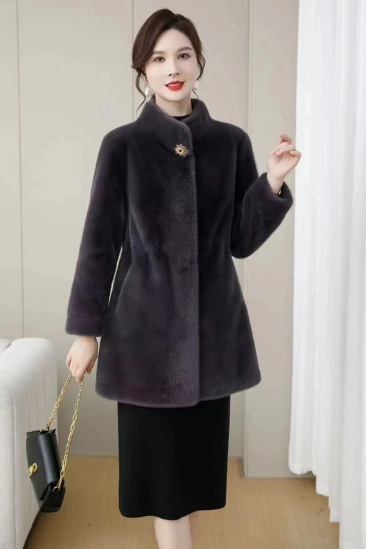 新款冬季皮毛一体抽绳显瘦女装洋气百搭气质保暖中长款外套时尚女