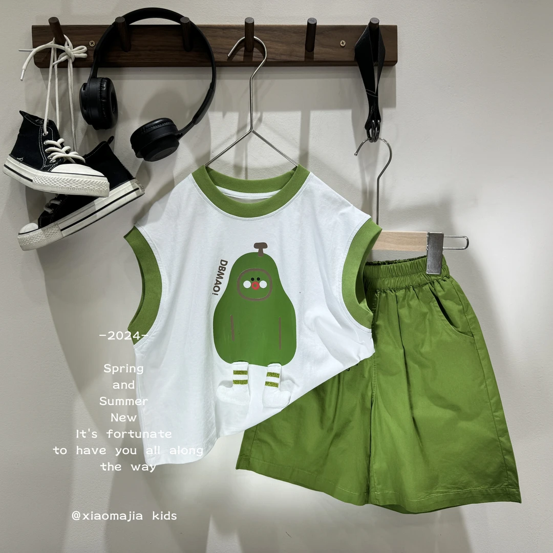 现货-夏款儿童牛油果色系套装时尚百搭韩版D-2737男女宝两件套