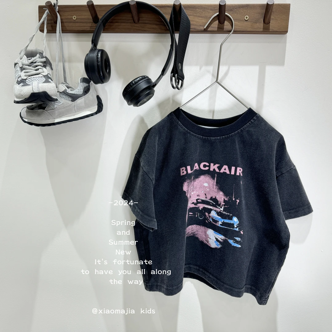 现货-儿童夏季纯棉短袖T恤D-2250做旧工艺宽松韩版男女童圆领百搭