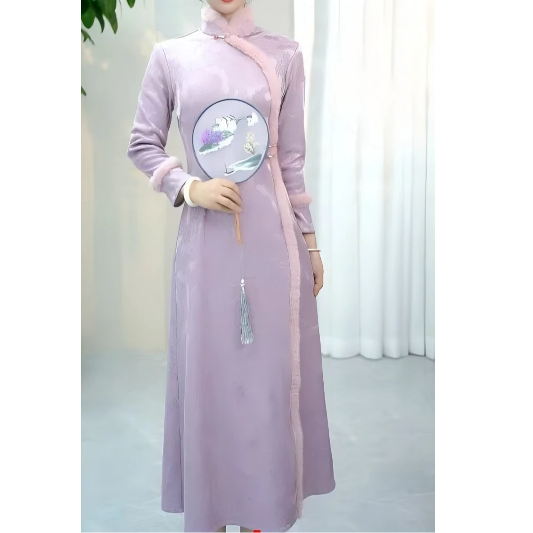 A102474,秋冬新款复古中国风修身显瘦加绒日常旗袍裙,衣长120左右