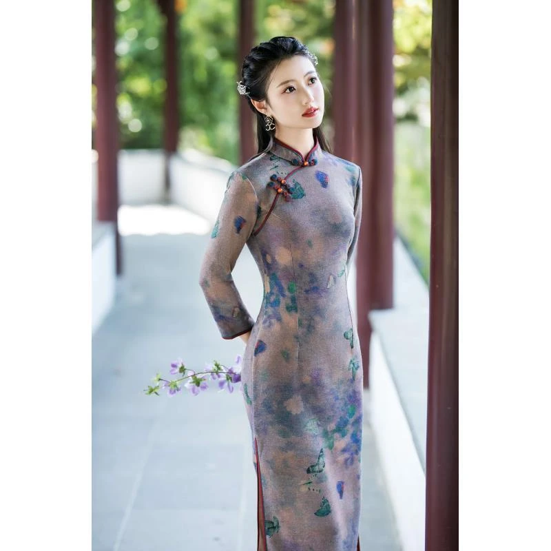 A102400,秋冬新款新中式民国风优雅气质旗袍裙,衣长120左右,M~4XL