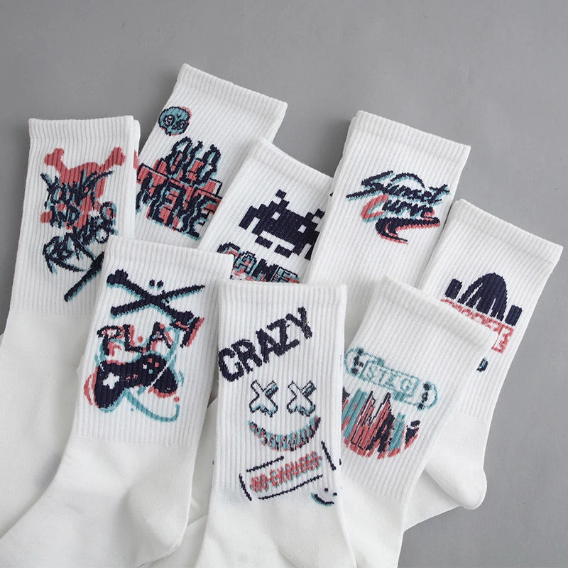 涂鸦袜子男ins潮百搭高颜值中筒秋季学生运动篮球袜长筒潮男长袜