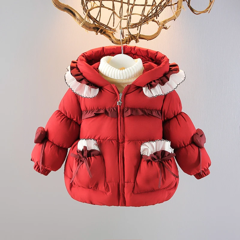 女童安可拉红加绒加厚棉袄保暖上衣中长款韩版女宝可爱棉服棉衣