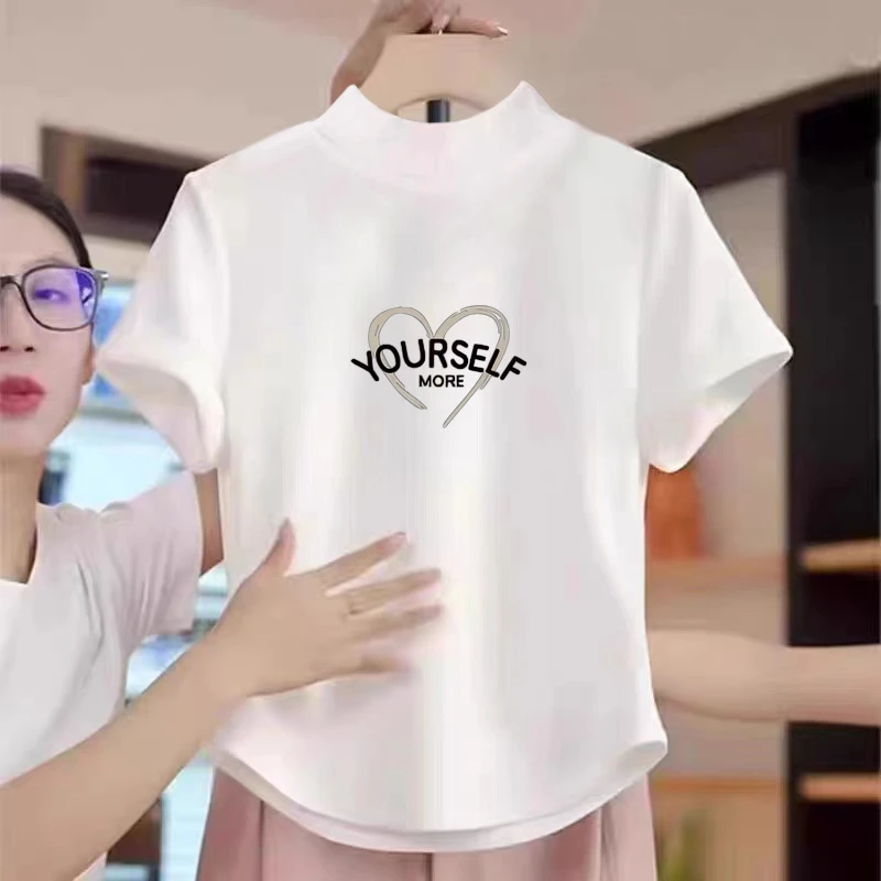 夏季别致设计感小众半高领上衣不规则圆弧下摆修身显瘦短袖T恤女