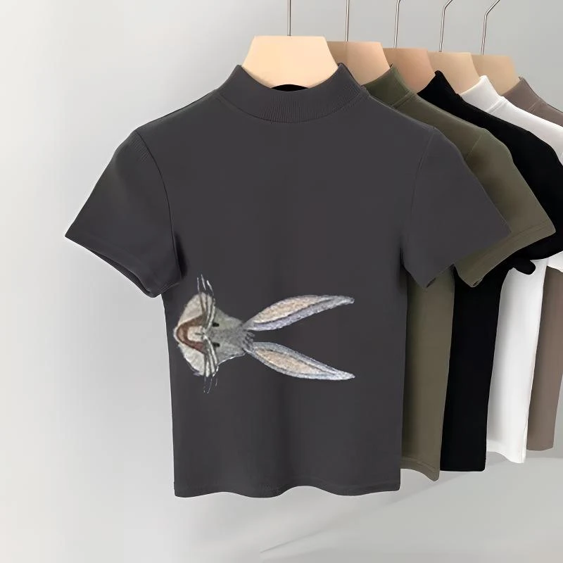 时尚洋气半高领修身显瘦短袖t恤女2025夏秋季潮流百搭正肩上衣