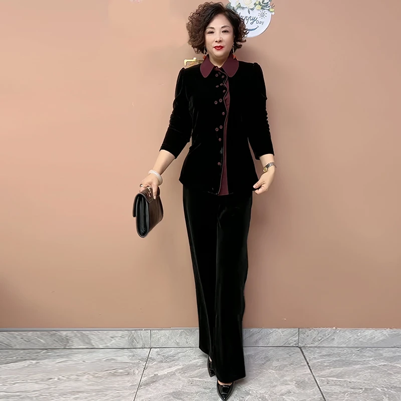 秋冬高级感长袖衬衫遮肉显瘦纯色裤子金丝绒两件套中老年新款套装