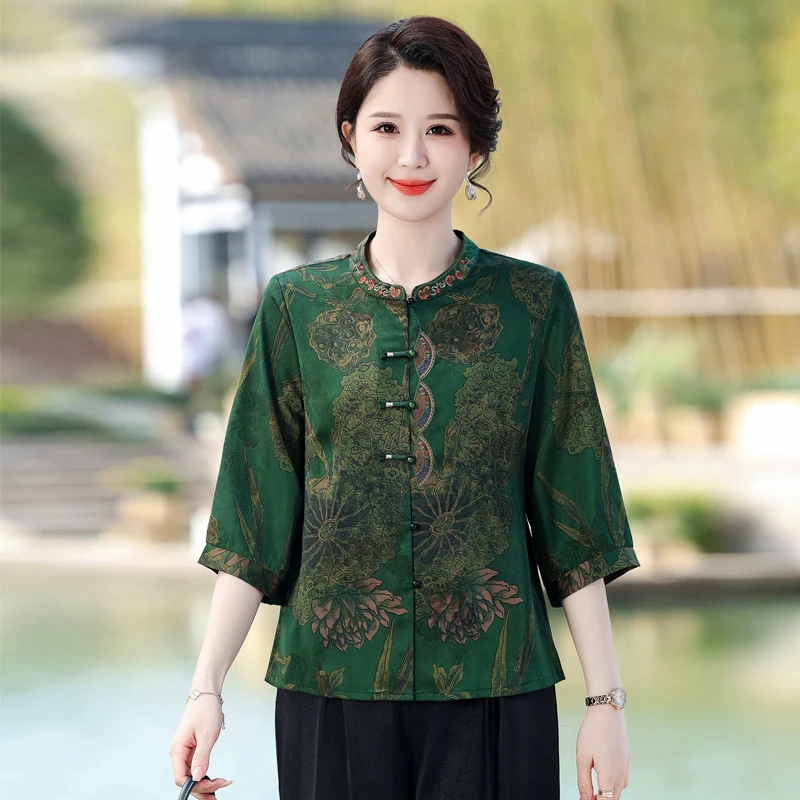 新中式国风时尚减龄上衣2024宽松夏季盘扣立领提花旗袍丝缎小衬衫