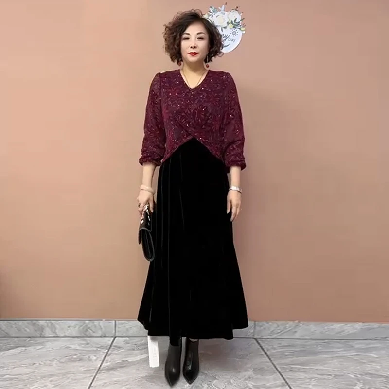 时尚洋气设计感亮片拼接假两件过膝长裙金丝绒打底裙秋冬款连衣裙