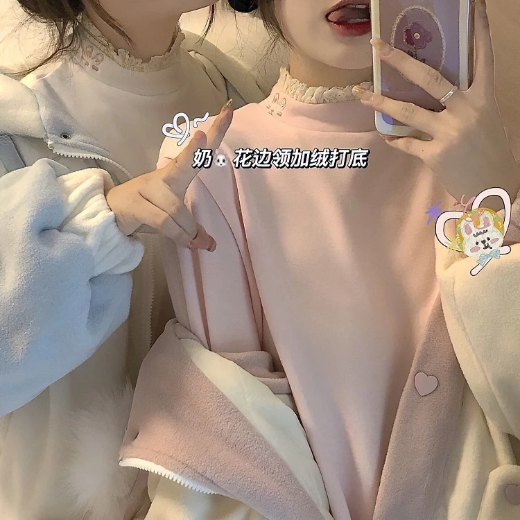 2023秋冬季新款蕾丝木耳边双面德绒长袖保暖半高领内搭打底衫上衣