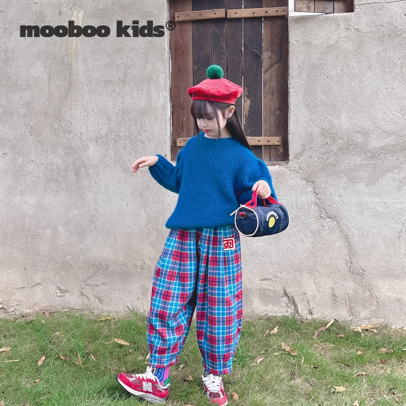 墨宝童装 MoobooKids_马海毛绝美蓝色毛衣+加绒格纹裤+加绒格纹裙