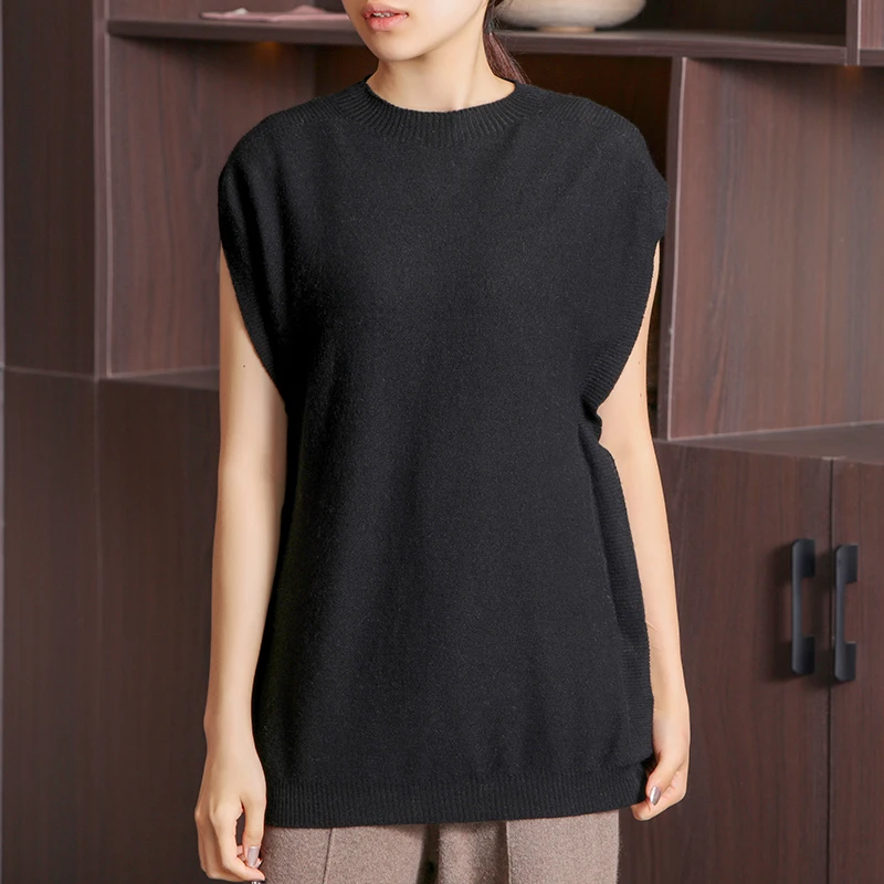 9016羊羔绒纳驰羊绒女士圆领宽松精纺羊绒衫无袖夏季针织衫外穿
