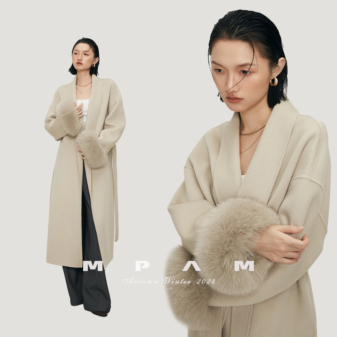 MPAM秋冬袖口可拆卸真狐狸毛100绵羊毛大衣24828【店铺】