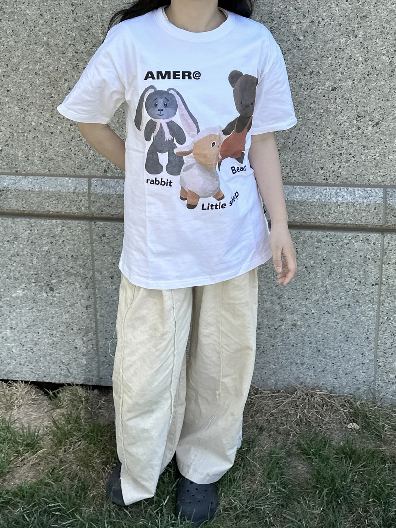 夏季动物玩偶印花短袖系列时尚设计宽松圆领纯棉街头百搭情侣半袖