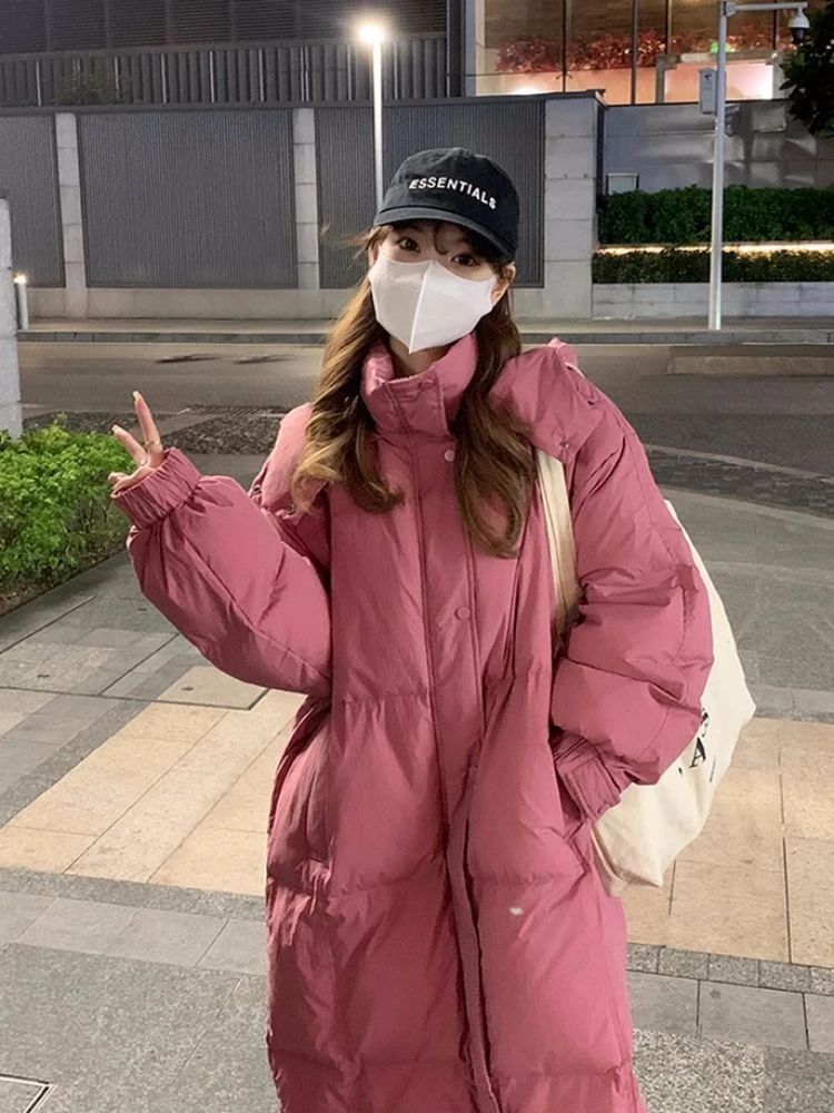 23新款羽绒服树莓粉泡芙长款棉衣女宽松显瘦过膝款面包服ov