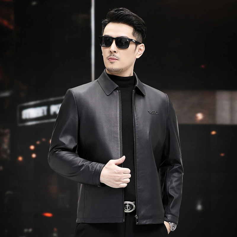 2310YR 断码 牛皮翻领鹅绒内胆休闲海宁真皮皮衣男皮夹克短款