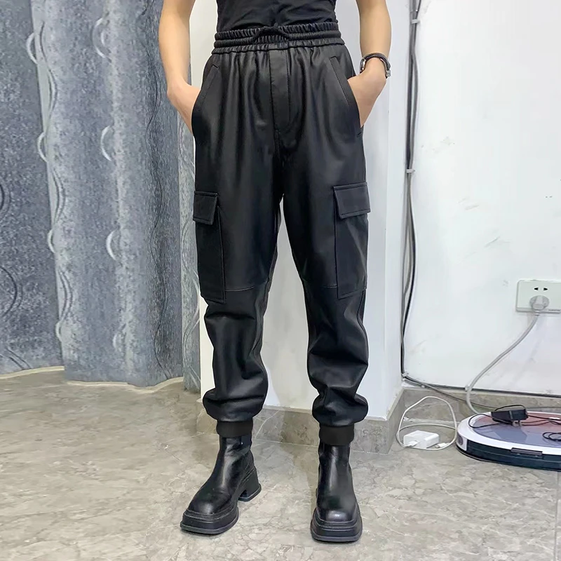 5565 YZX断码牛皮皮裤时尚裤子束脚修身休闲束脚裤百搭哈伦裤潮流