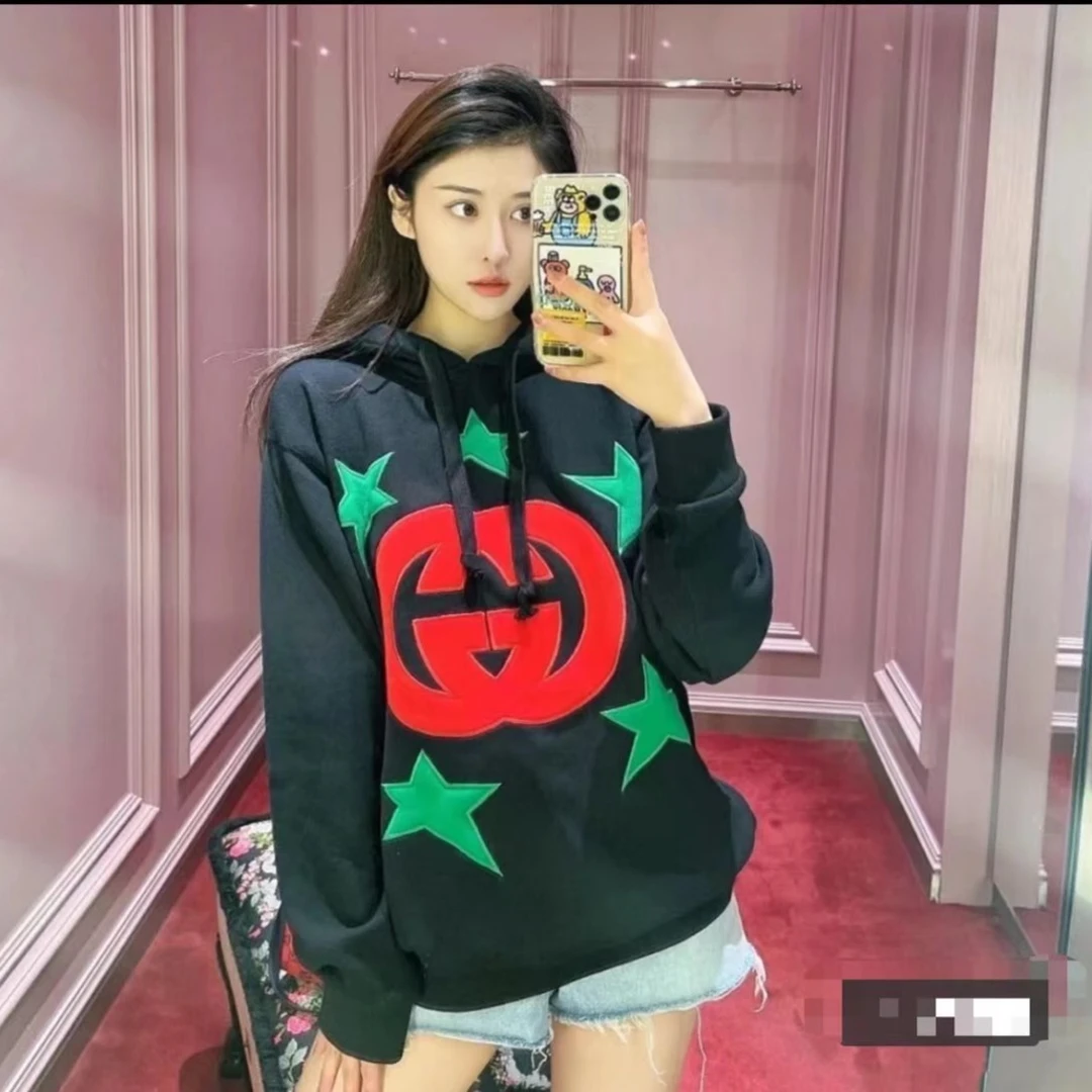 全新未使用 GUCCI/古驰 GUCCI 星星大logo黑色连帽宽松卫衣