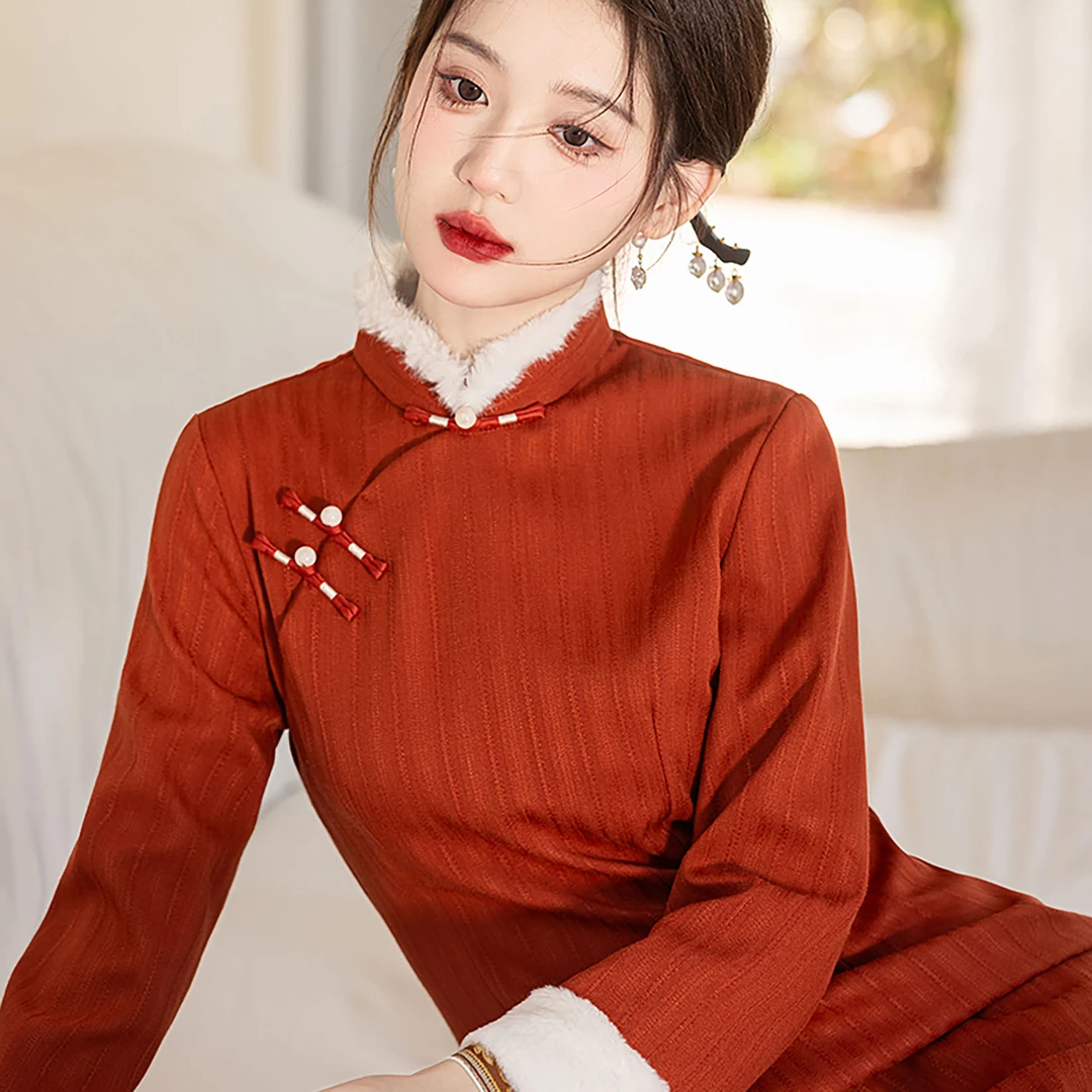 【风清余】2024秋冬新款 加厚加绒保暖同款双色旗袍 衣长120