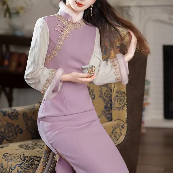 【风清余】2024秋冬新款 雪尼尔优雅韵味气质新中式保暖冬季旗袍