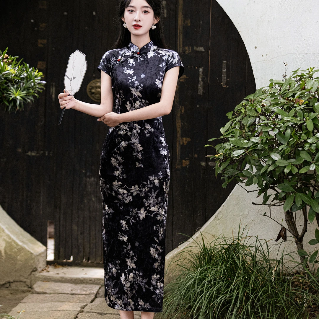 【风清余】2024初秋新款金丝绒 黑兰花旗袍 小个子可入显瘦衣长117