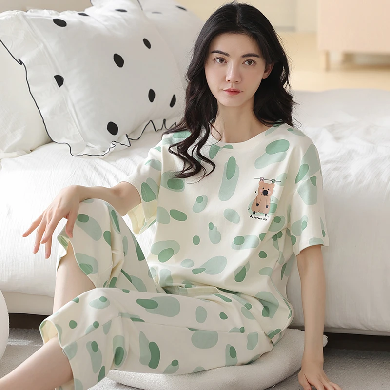 浪莎睡衣女夏纯棉柔软舒适短袖7分裤家居服套装休闲清新透气大码