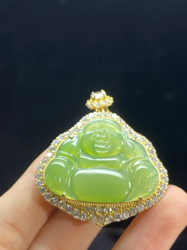 和田玉佛公 碧玉猫眼冰底佛公吊坠精品镶嵌