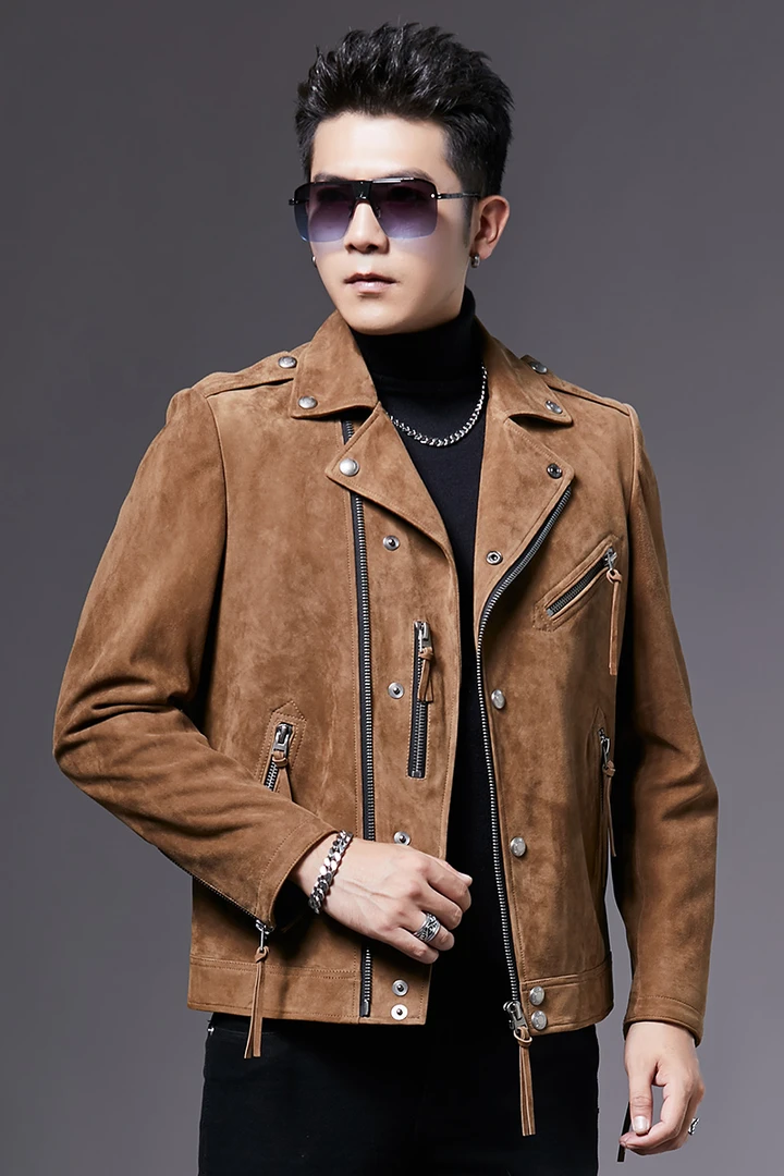 男士山羊反绒面机车服驼色真皮机车服修身皮衣夹克外套