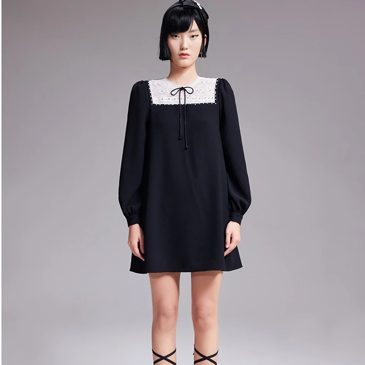 COCOON/可可尼圆领拼接宽松时尚黑色休闲长袖22308AC024338020