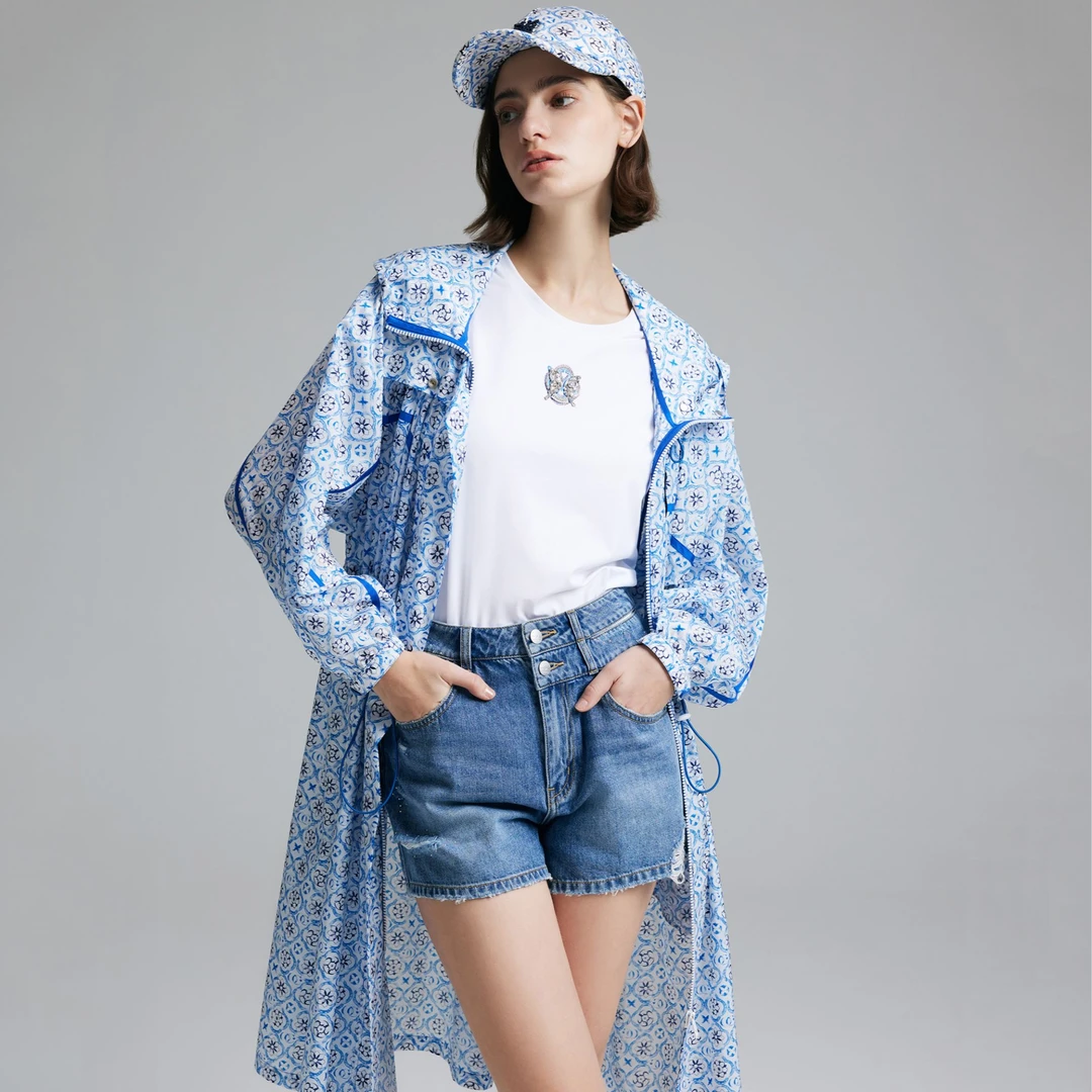 COCOON/可可尼蓝色团花图案长款户外运动防晒衣24204AC073397061